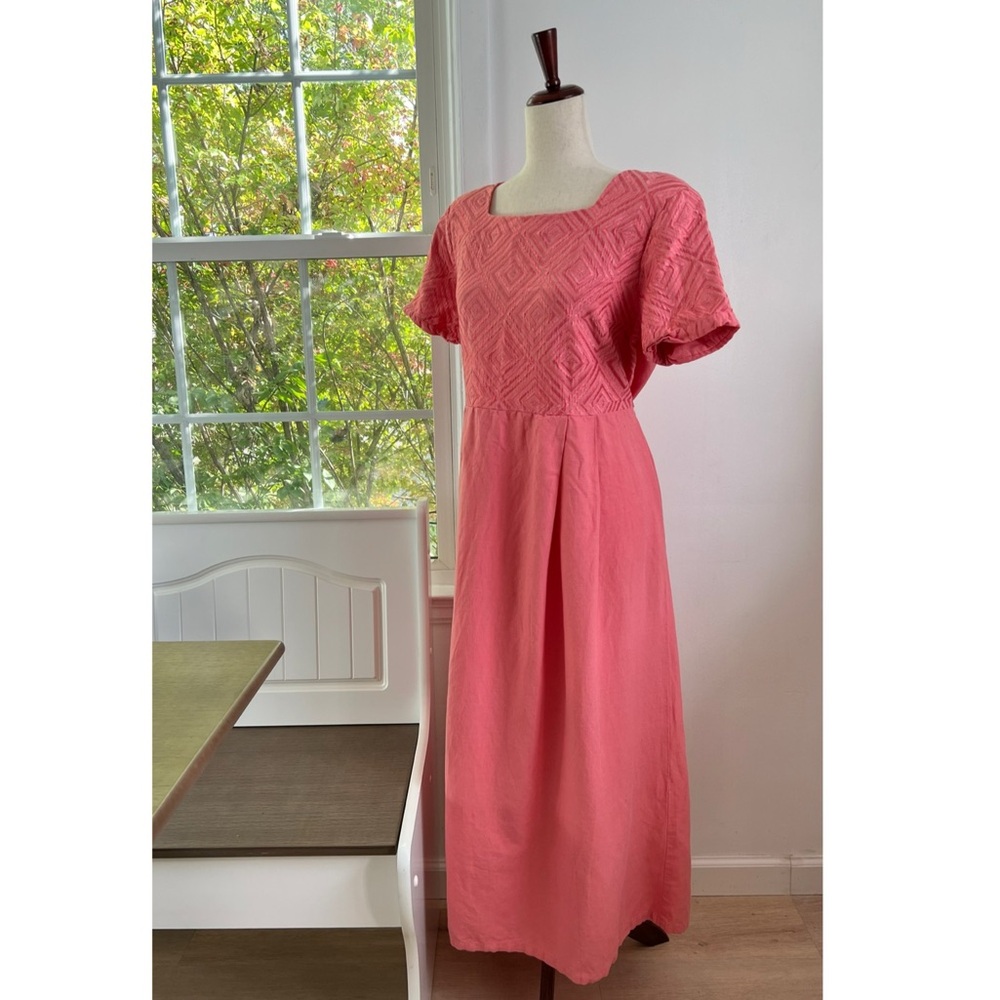 VTG Linen Blend Sarah Elizabeth Pink Pleated Square Neck Tie Waist Maxi Dress